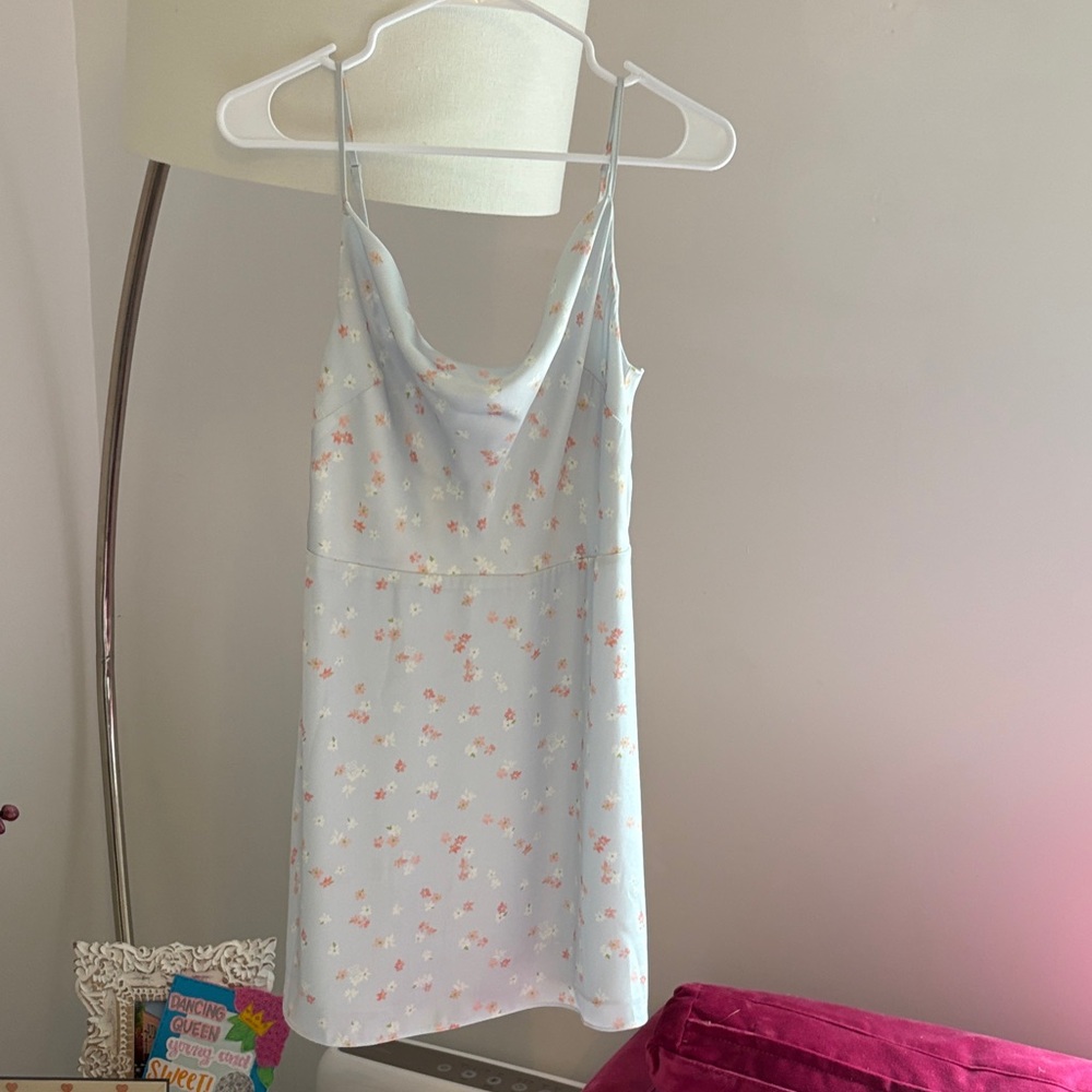 Aritzia Light Blue Slip Dress with Pink Floral Pattern